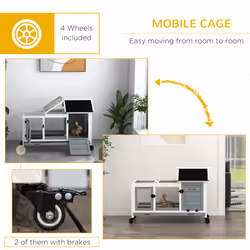 PawHut Wooden Rabbit Hutch, Small Animal  House w/ Wheels, Removable Tray - Grey - Additional view 6