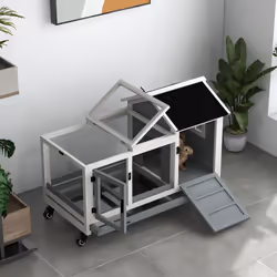 PawHut Wooden Rabbit Hutch, Small Animal  House w/ Wheels, Removable Tray - Grey - Additional view 8