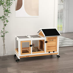 PawHut Wooden Rabbit Hutch, Small Animal House w/ Wheels, Removable Tray-Yellow