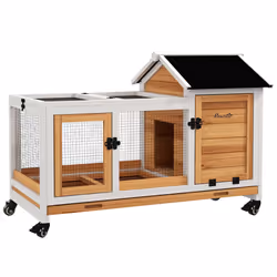 PawHut Wooden Rabbit Hutch, Small Animal House w/ Wheels, Removable Tray-Yellow - Additional view 8