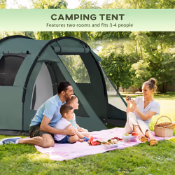 Outsunny 3-4 Persons Tunnel Tent, Two Room Camping Tent w/ Windows, Green