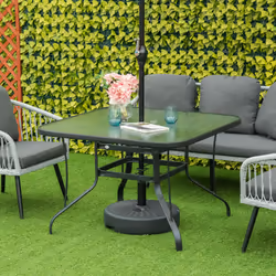 Outsunny 106.5cm Square Patio Dining Table with Parasol Hole, Glass Top