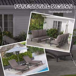 Outsunny 3-PCS PE Rattan Lounge Set, Aluminium Recliner Sofa Bed Set, Grey