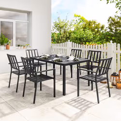 Outsunny 7 PCs Garden Dining Set w/ Stackable Chairs and Metal Top Table, Black