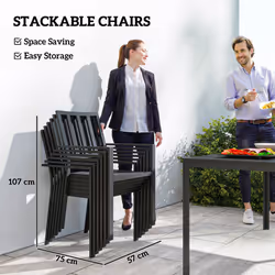 Outsunny 7 PCs Garden Dining Set w/ Stackable Chairs and Metal Top Table, Black