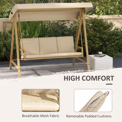 Outsunny 3 Seater Garden Swing Chair with Adjustable Canopy and Cushions, Beige