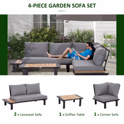 Outsunny 4 PCS Garden Furniture Conversation Set w/ Loveseat Table, Grey