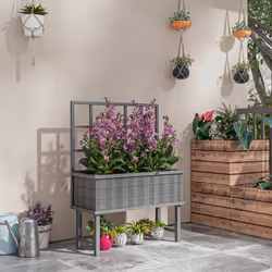 Outsunny Wood Raised Planter w/ Trellis Drain Holes Elevated Garden Bed Grey
