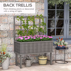 Outsunny Wood Raised Planter w/ Trellis Drain Holes Elevated Garden Bed Grey