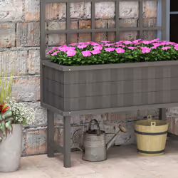 Outsunny Wood Raised Planter w/ Trellis Drain Holes Elevated Garden Bed Grey - Additional view 7