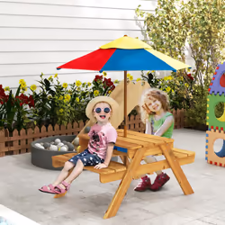 Outsunny Kids Picnic Table Set w/ Sand and Water, Removable Parasol - Brown