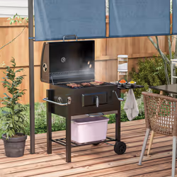 Outsunny Charcoal Grill BBQ Trolley Wheels Shelf Side Thermometer Steel Black