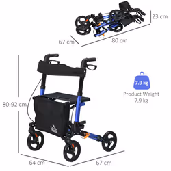 HOMCOM 4 Wheel Rollator Walker,  Adjustable Mobility Walker with Bag, Blue - Additional view 8