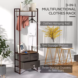 HOMCOM Clothes Hanging Rail with 3 Fabric Drawers Storage Shelves for Hallway