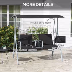 Outsunny 2 Person Covered Patio Swing with Pivot Table & Storage Console Black