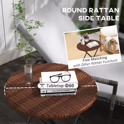 Outsunny Foldable Outdoor Coffee Table, Metal Frame Rattan Side Table, Brown