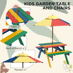 Outsunny Kids Table and Chair Set w/ Removable Parasol, for Ages 3-6 Years