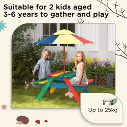 Outsunny Kids Table and Chair Set w/ Removable Parasol, for Ages 3-6 Years