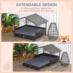 PawHut Extendable Rattan Dog House w/ Water-Resistant Roof - Grey