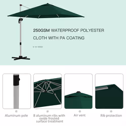 Outsunny 3 x 3(m) Cantilever Roma Parasol Garden Umbrella with Cross Base Green - Additional view 4