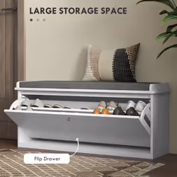 HOMCOM Shoe Bench with Flip Drawer, Cushion, 10 Pairs for Entryway White