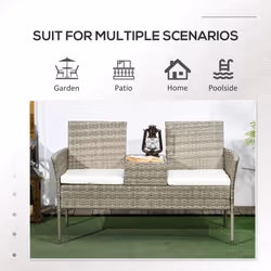 Outsunny Rattan Garden Bench w/ Glass Tea Table, Wicker Chair w/ Cushions, Grey