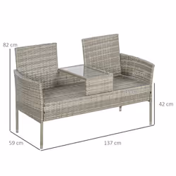 Outsunny Rattan Garden Bench w/ Glass Tea Table, Wicker Chair w/ Cushions, Grey - Additional view 5