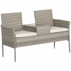 Outsunny Rattan Garden Bench w/ Glass Tea Table, Wicker Chair w/ Cushions, Grey - Additional view 8