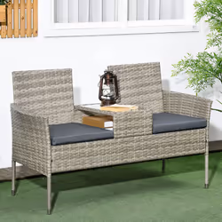 Outsunny Rattan Garden Bench w/ Glass Tea Table, Wicker Chair w/ Cushions Grey
