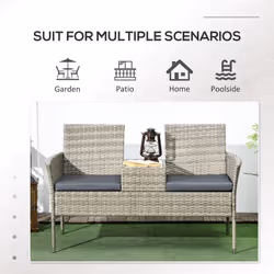 Outsunny Rattan Garden Bench w/ Glass Tea Table, Wicker Chair w/ Cushions Grey - Additional view 5