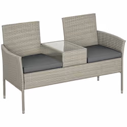 Outsunny Rattan Garden Bench w/ Glass Tea Table, Wicker Chair w/ Cushions Grey - Additional view 8