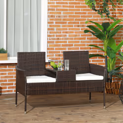Outsunny Rattan Garden Bench w/ Glass Tea Table, Wicker Chair w/ Cushions, Brown