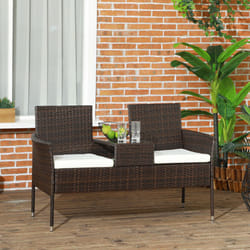 Outsunny Rattan Garden Bench w/ Glass Tea Table, Wicker Chair w/ Cushions, Brown