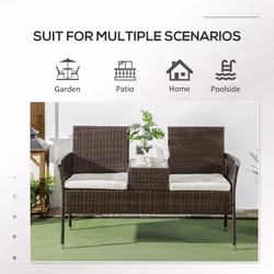 Outsunny Rattan Garden Bench w/ Glass Tea Table, Wicker Chair w/ Cushions, Brown - Additional view 5