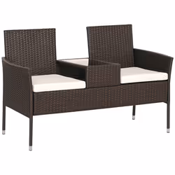 Outsunny Rattan Garden Bench w/ Glass Tea Table, Wicker Chair w/ Cushions, Brown - Additional view 8