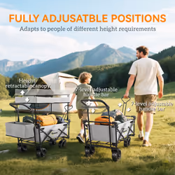 Outsunny Outdoor Push Pull Wagon Stroller Cart w/ Canopy Top Grey - Additional view 4