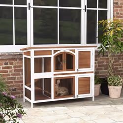 PawHut Two-Tier Wooden Rabbit Hutch w/ Openable Roof, Slide-Out Tray, Ramp