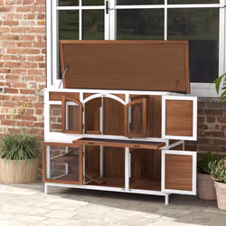 PawHut Two-Tier Wooden Rabbit Hutch w/ Openable Roof, Slide-Out Tray, Ramp - Additional view 7