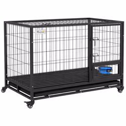 PawHut 48" Heavy Duty Dog Crate on Wheels w/ Bowl Holder, Removable Tray