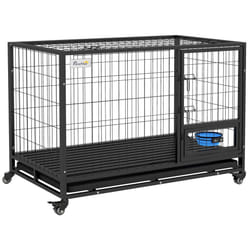 PawHut 48" Heavy Duty Dog Crate on Wheels w/ Bowl Holder, Removable Tray