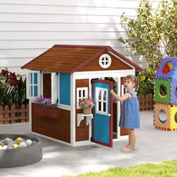 Outsunny Wooden Playhouse with Doors, Wooden, Plant Pots for Kids - Dark Brown