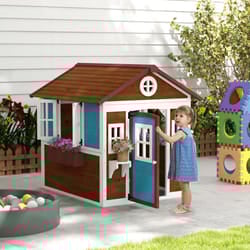 Outsunny Wooden Playhouse with Doors, Wooden, Plant Pots for Kids - Dark Brown