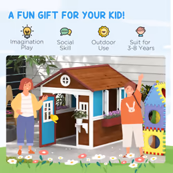 Outsunny Wooden Playhouse with Doors, Wooden, Plant Pots for Kids - Dark Brown