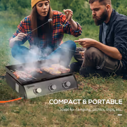 Outsunny Portable Gas Plancha BBQ Grill with 3 Burners, Non-Stick Griddle, Lid