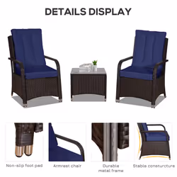 Outsunny Rattan 3PCs Chair Table Bistro Set Patio Set w/ Steel Frame Blue