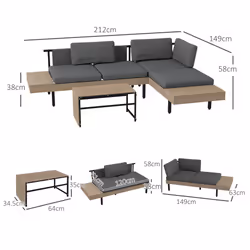 Outsunny HDPE Garden Furniture Sets with Cushions, Table, L-Shaped Sofa, Grey - Additional view 7