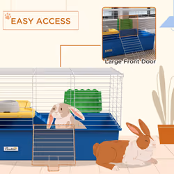 PawHut Small Animal Cage, Rabbit Guinea Pig Hutch, Pet Playhouse, Blue - Additional view 6