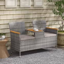 Outsunny Rattan Garden Bench w/ Wood Top Table, Wicker Chair w/ Cushions, Grey