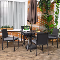 Outsunny Rattan Garden Dining Set for 4 with Cushions Umbrella Hole, Black