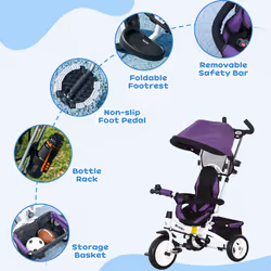 HOMCOM 6 in 1 Kids Trike, Stroller with Parent Handle, Purple